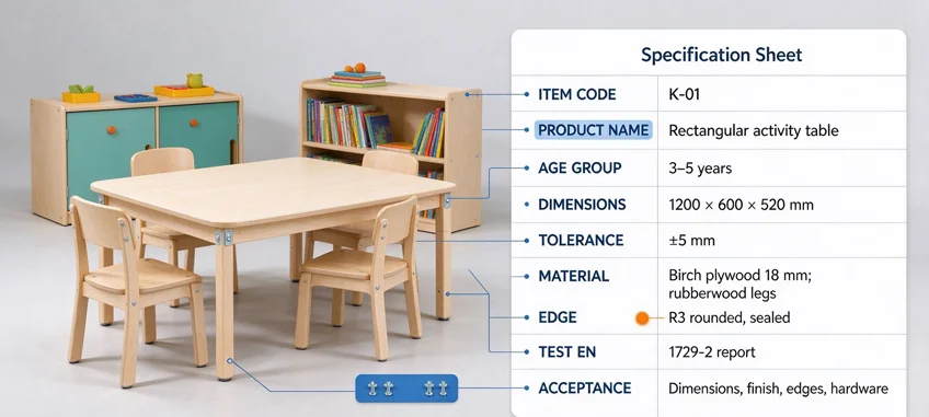 Kindergarten furniture specification sheet for supplier quotation and inspection